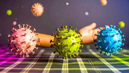 Virus models levitating on checkered cloth