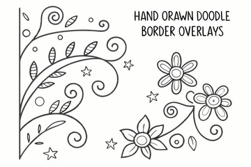 Hand drawn doodle floral border design elements with swirls and stars