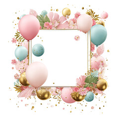 Square frame decorated with balloons, flowers, and glitter