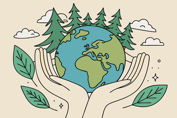 Hands cradling planet earth with trees and clouds