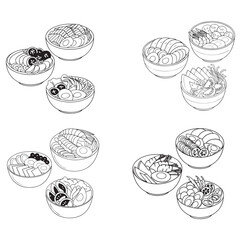 poke bowl collection. Salmon, cucumber, tomato, egg, shrimp, and other vector silhouette