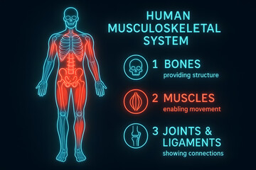 Neon Musculoskeletal System with Bones and Muscle Interactions for Medical Study