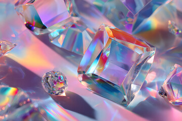 Holographic background with iridescent foil and crystals featuring a shiny hologram texture in rainbow colors