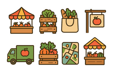 Obraz premium Local Food Network Icons. Flat vector mini-illustrations local food distribution networks in colors children's