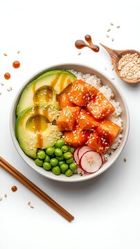 Healthy and Colorful Salmon Poke Bowl Food Photography. 