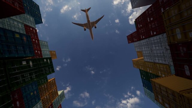 Air Cargo Logistics, Airplane Flying Over Shipping Containers