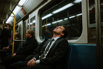 Exhausted businessman asleep on subway commute, capturing the daily grind and the stresses of modern urban life