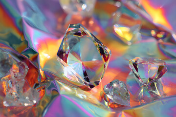 Holographic background with iridescent foil and crystals featuring a shiny hologram texture in rainbow colors