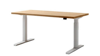 An adjustable height standing desk featuring a wooden top and white metal legs, suitable for modern office or home workspace.