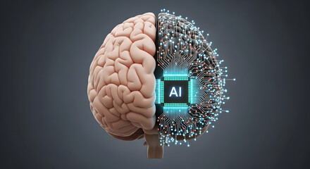 Brain-Computer Interface: An illustration of human brain integrated with AI technology, signifying cognitive enhancement, future intelligence, and computational neuroscience advancements