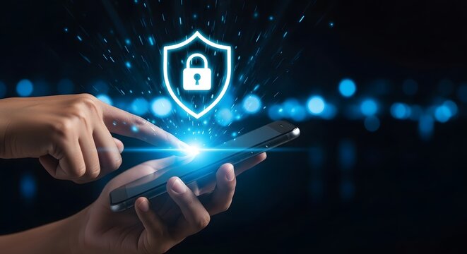 Mobile phone security concept finger touching screen for protection