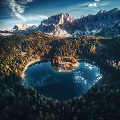 Aerial view of a serene lake surrounded by lush green trees and majestic mountains, peaceful nature landscape