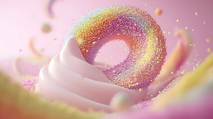 Whimsical Rainbow Donut on Pink Cream Dessert