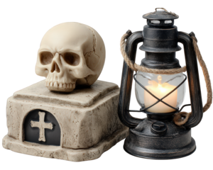 Skull grave lantern candle Halloween decoration spooky stone cross seasonal create chilling Halloween atmosphere with skull on grave and glowing lantern for festive decor