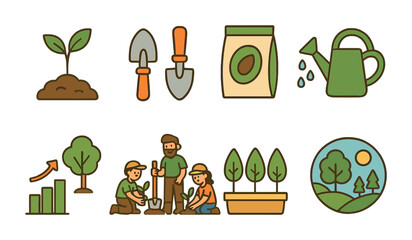Reforestation Tools Icons. Flat vector mini-illustrations reforestation efforts in colors children's
