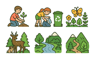 Nature Preservation Icons. Flat vector mini-illustrations nature preservation in colors children's