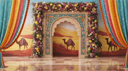 Fototapeta premium Luxurious Rajasthani Desert Fort Inspired Floral Backdrop with Sandstone Arch, Marigold Chains, Colorful Drapes, and Camel Desert Mural in Festival Lighting
