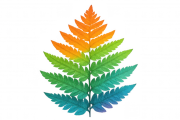 Vibrant fern frond displaying rainbow spectrum gradient, symbolizing diversity, nature, and lgbtq+ inclusivity against transparent backdrop