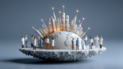 A group of people are standing on a globe. There are at least 13 people in the group