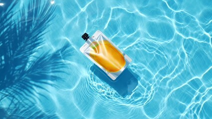 Refreshing orange juice pouch floating in clear blue pool water with palm shadows. Mockup for design. Concept.