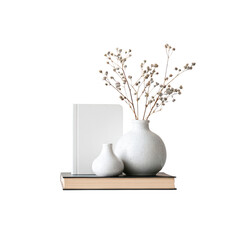 Minimalist Home Decor Still Life White Vases, Dried Flowers, and Blank Notebook on Book