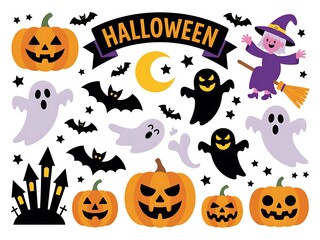 Spooky halloween collection of carved pumpkins ghosts bats witch and haunted castle elements white background