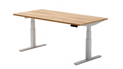 An adjustable height standing desk featuring a wooden top and metal legs, suitable for creating an ergonomic workspace.
