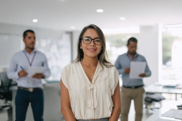 Fototapeta premium A woman wearing glasses and a white shirt is smiling in front of a group of people. She is holding papers in her hands