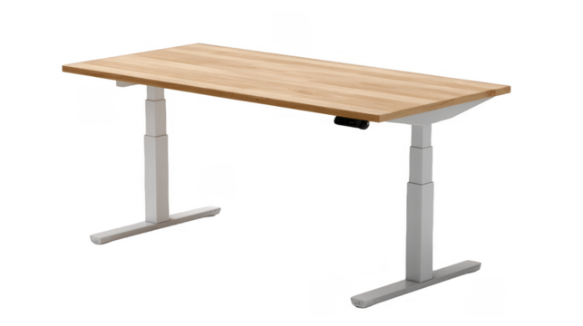 An adjustable height standing desk featuring a wooden top and metal legs, suitable for creating an ergonomic workspace.