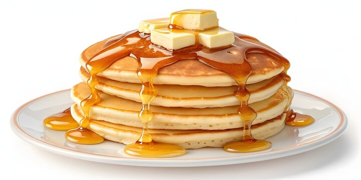 Delicious stack of golden brown pancakes drizzled with syrup and topped with butter slices white background - Powered by Adobe