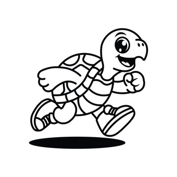 Energetic cartoon turtle running in sneakers with joyful expression &ndash; black and white vector illustration for kids on white background