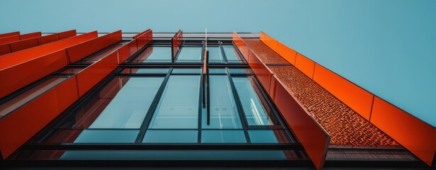 Fototapeta premium The striking modern building showcasing vibrant orange panels against a clear blue sky.