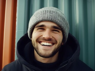 Happy Smiling Man in Winter Knit Beanie Hat