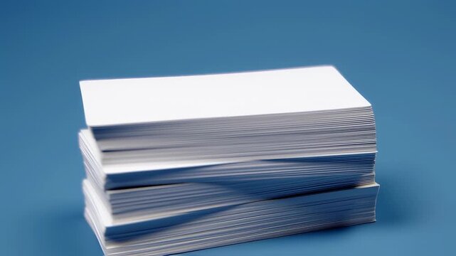 Neat stacks of blank white paper on blue