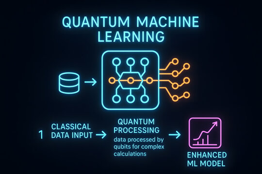 Neon Quantum Machine Learning AI Convergence Infographic for Tech Innovation