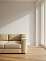 Minimalist living room with beige sofa and sunlight
