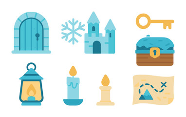 Obraz premium Ice Castle Adventure. Flat vector mini-illustrations ice castle escape theme in colors children's