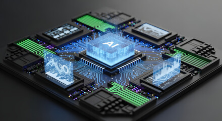 Artificial Intelligence Core Concept: A detailed, high-resolution visual representation of an AI central processing unit, showcasing its intricate architecture, vibrant energy streams, and advanced