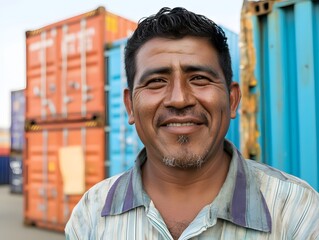 Smiling Dockworker Portrait Against Shipping Containers