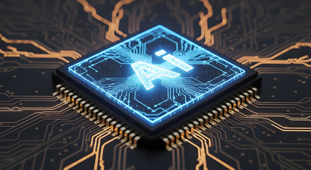 Illustrative embodiment of artificial intelligence, a glowing chip radiating digital connections, symbolizes the future of technology and neural networks, a central processing hub for sophisticated