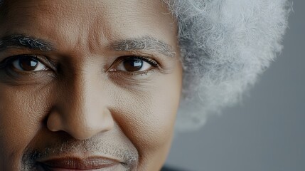 Closeup Portrait of a Senior Woman with Gray Hair and Brown Eyes