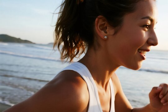 Smiling woman enjoying a refreshing run along the beach at sunrise, embodying health and fitness lifestyle