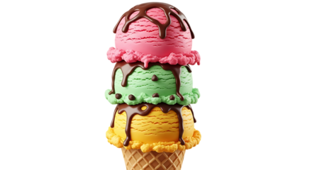 Three colorful scoops of ice cream stacked in a waffle cone with chocolate drizzle, isolated on transparent background