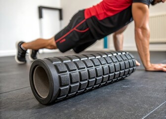 Man doing push-ups with textured foam roller in foreground