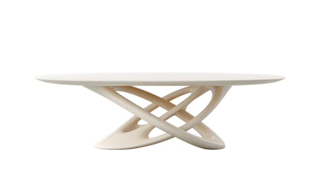 A modern white coffee table featuring a unique twisted base design, ideal for enhancing contemporary interior spaces.
