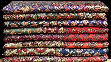 Stack of Colorful Floral Patterned Fabrics, Rich Textures, Woven Textiles, Detailed Closeup