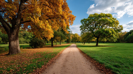 Autumn park with vibrant foliage, tall trees, green grass, and dirt path under bright natural light, creating peaceful and inviting outdoor scene