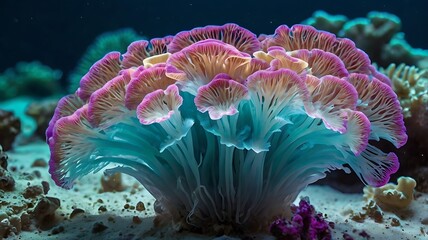 Close up shot of a colorful coral formation in an aquarium with a sandy bottom and dark background