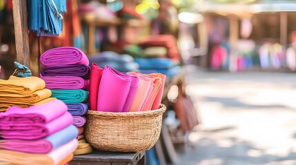 Vibrant Colorful Fabric Rolls at Market Stall