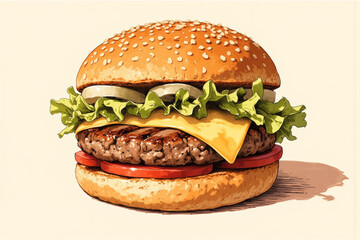 Delicious burger with sesame bun, lettuce, tomato, cheese, and juicy beef patty. Perfect for a tasty meal
